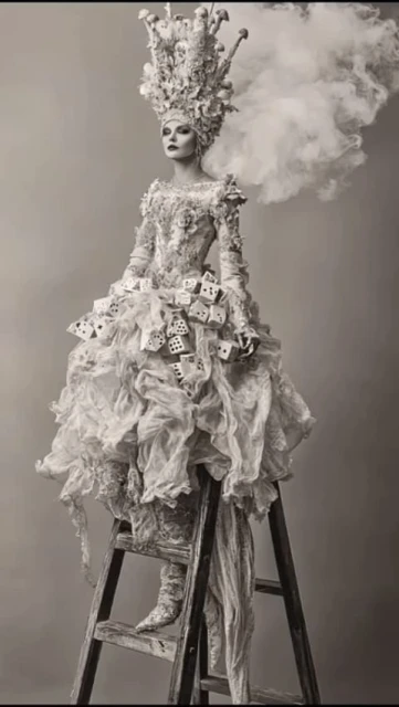 Artistic fashion portrait of a woman on a ladder wearing a detailed dress with dice, a large flower headpiece, and smoke effect.