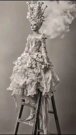 Artistic fashion portrait of a woman on a ladder wearing a detailed dress with dice, a large flower headpiece, and smoke effect.