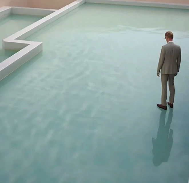 Man in a suit standing on a flooded floor with a zig-zag barrier, facing away from the camera, creating a surreal, abstract scene.