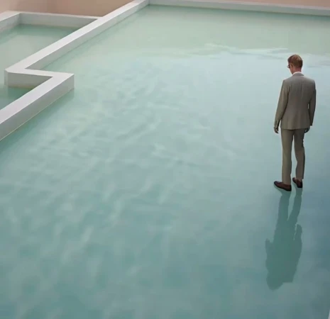 Man in a suit standing on a flooded floor with a zig-zag barrier, facing away from the camera, creating a surreal, abstract scene.