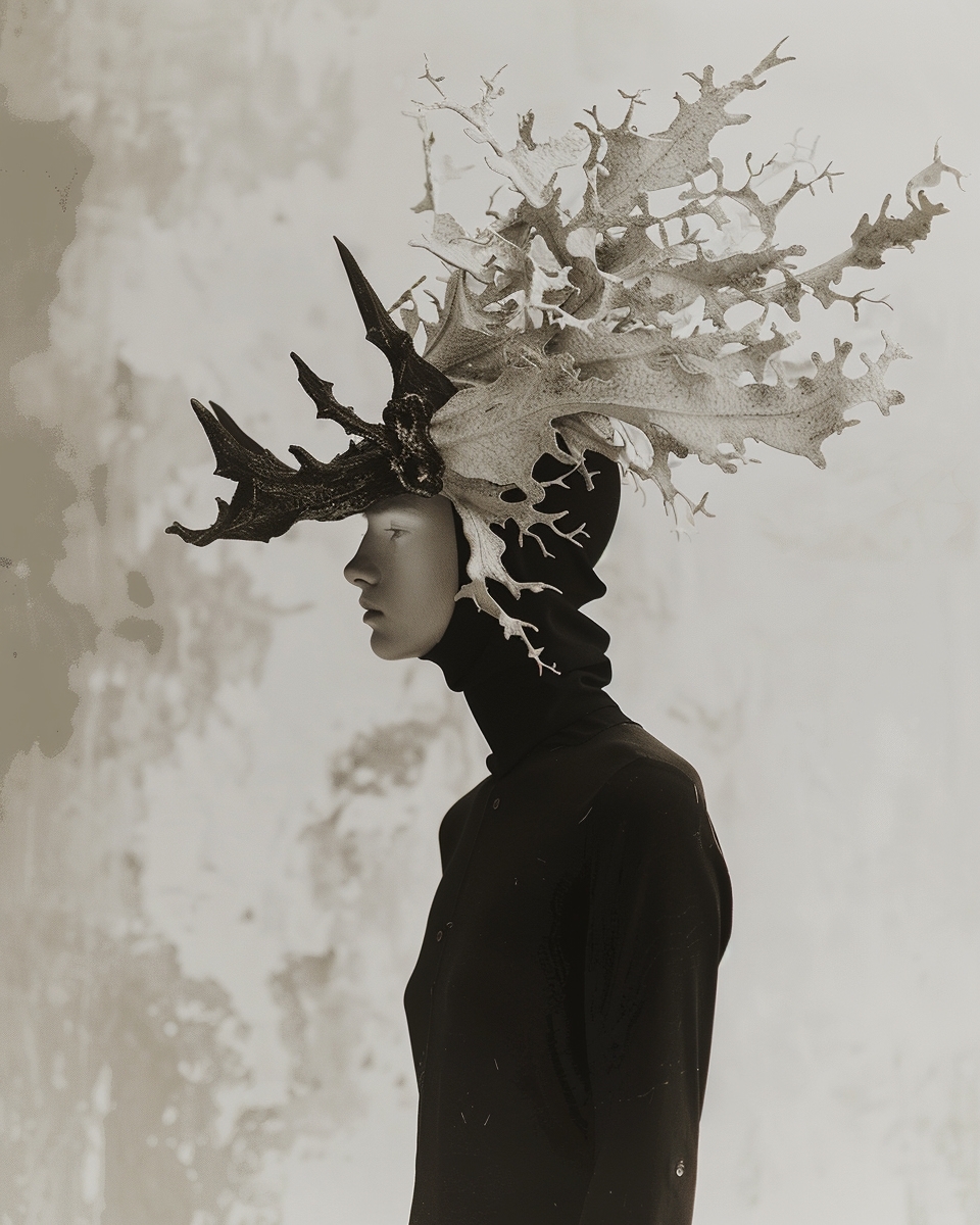 Model wearing a black balaclava and an elaborate coral-like sculptural headpiece against a pale textured background