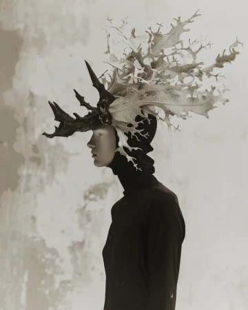 Model wearing a black balaclava and an elaborate coral-like sculptural headpiece against a pale textured background