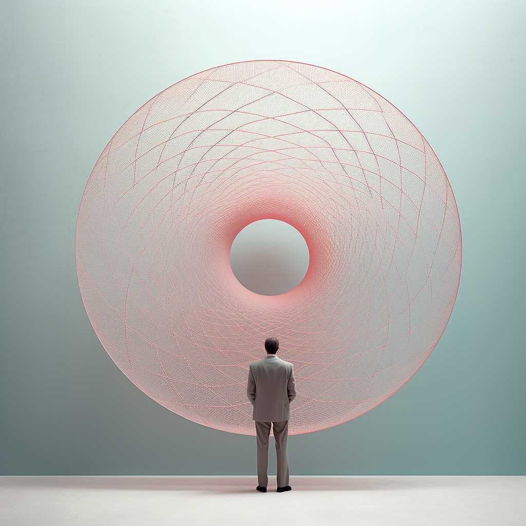 A man in a suit stands in front of a large, pink, donut-shaped, spherical object with a hole in the middle, set against a plain backdrop.