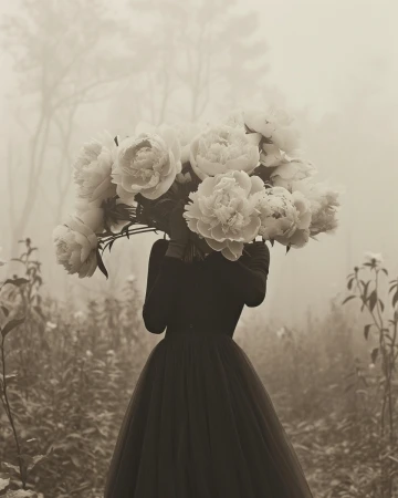 Woman in a dark dress stands in a field, holding a bouquet of white peonies, shrouded in fog with a blurred background of trees and plants.