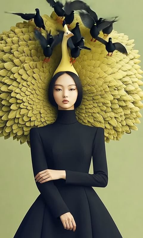 Portrait of a woman in a black dress adorned with feathered shoulders and birds on her head against a light green background.