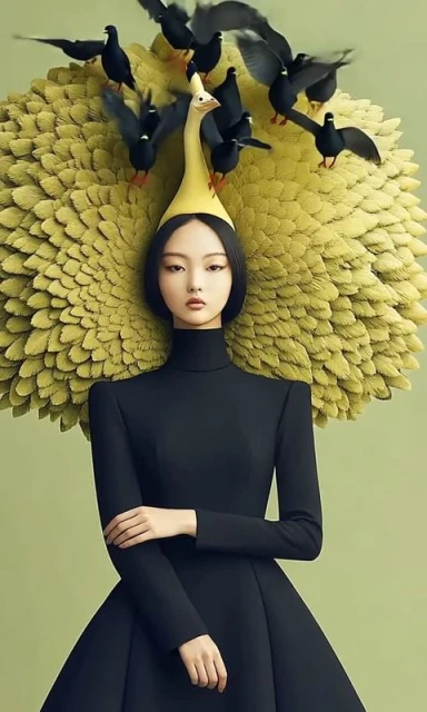 Portrait of a woman in a black dress adorned with feathered shoulders and birds on her head against a light green background.