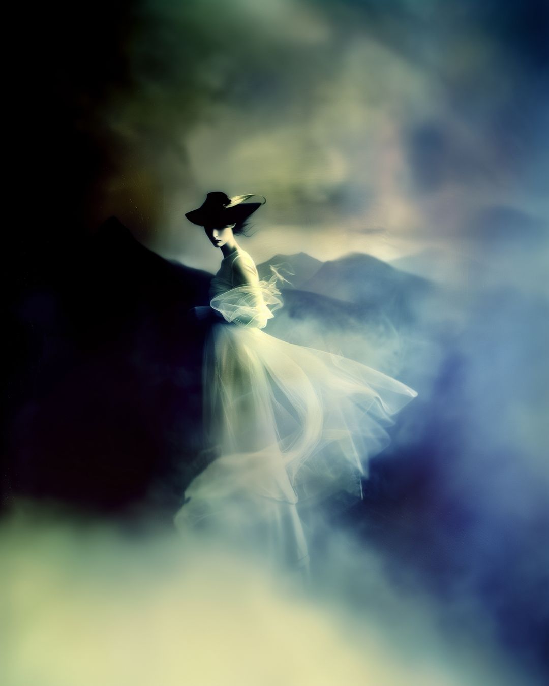 Woman in vintage dress and hat standing in a dreamy, soft-focus landscape with rolling mountains, mist, and a muted, ethereal color palette.