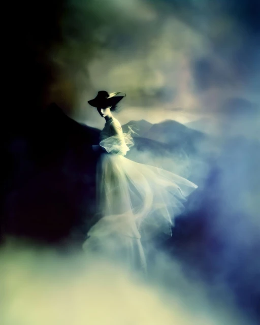 Woman in vintage dress and hat standing in a dreamy, soft-focus landscape with rolling mountains, mist, and a muted, ethereal color palette.