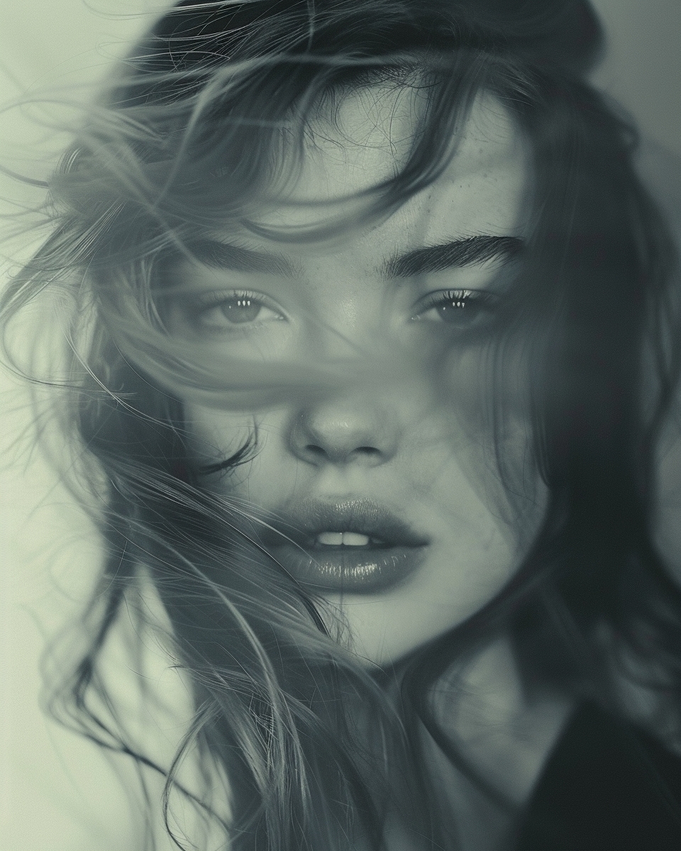 Close-up portrait of a young adult woman with long, wavy hair in monochrome, featuring a soft focus and a serene facial expression.