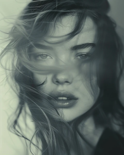 Close-up portrait of a young adult woman with long, wavy hair in monochrome, featuring a soft focus and a serene facial expression.