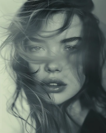 Close-up portrait of a young adult woman with long, wavy hair in monochrome, featuring a soft focus and a serene facial expression.