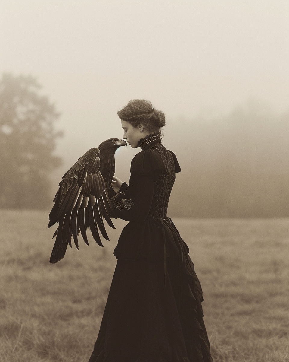Woman in vintage dress holds a falcon in a misty field. Dark sepia tones enhance the surreal, dreamlike quality. Nature and fashion merge.