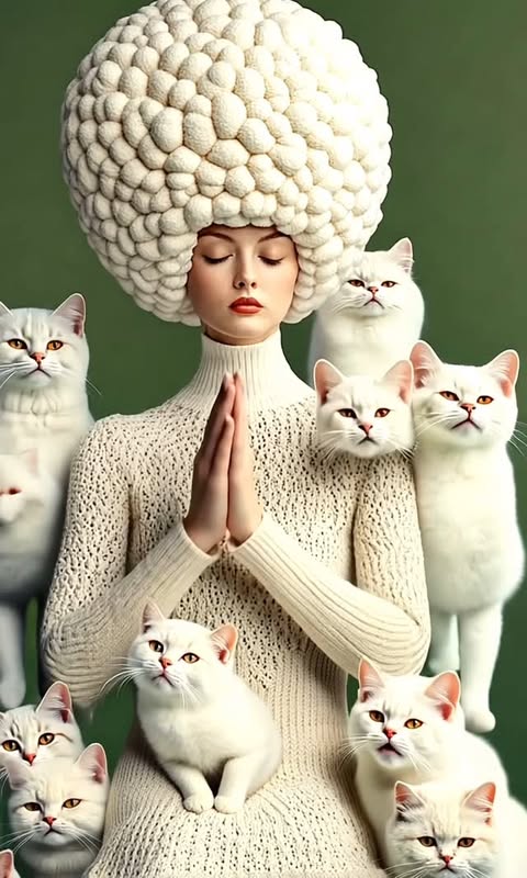 A fair-skinned woman with an avant-garde cauliflower-like headpiece is surrounded by white cats on an olive-green background, portrait.