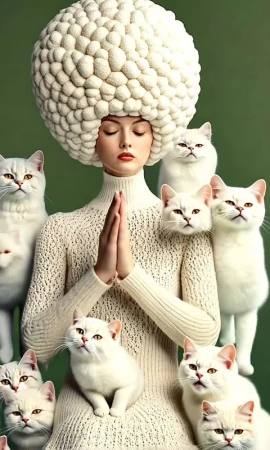 A fair-skinned woman with an avant-garde cauliflower-like headpiece is surrounded by white cats on an olive-green background, portrait.