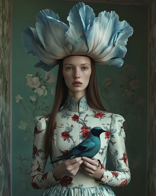 Woman in a floral dress and large blue flower hat holds a bird indoors with floral wallpaper, capturing a vintage fashion aesthetic.