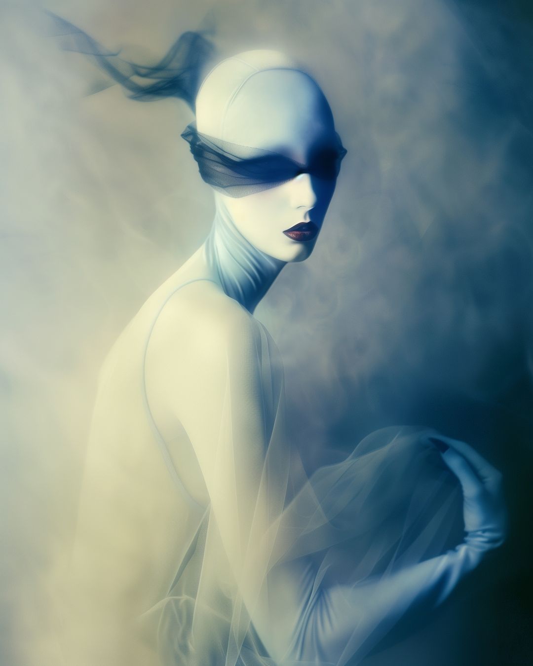 Woman in avant-garde dress and gloves, posing in a blurred, abstract fashion photograph with creative lighting and makeup.