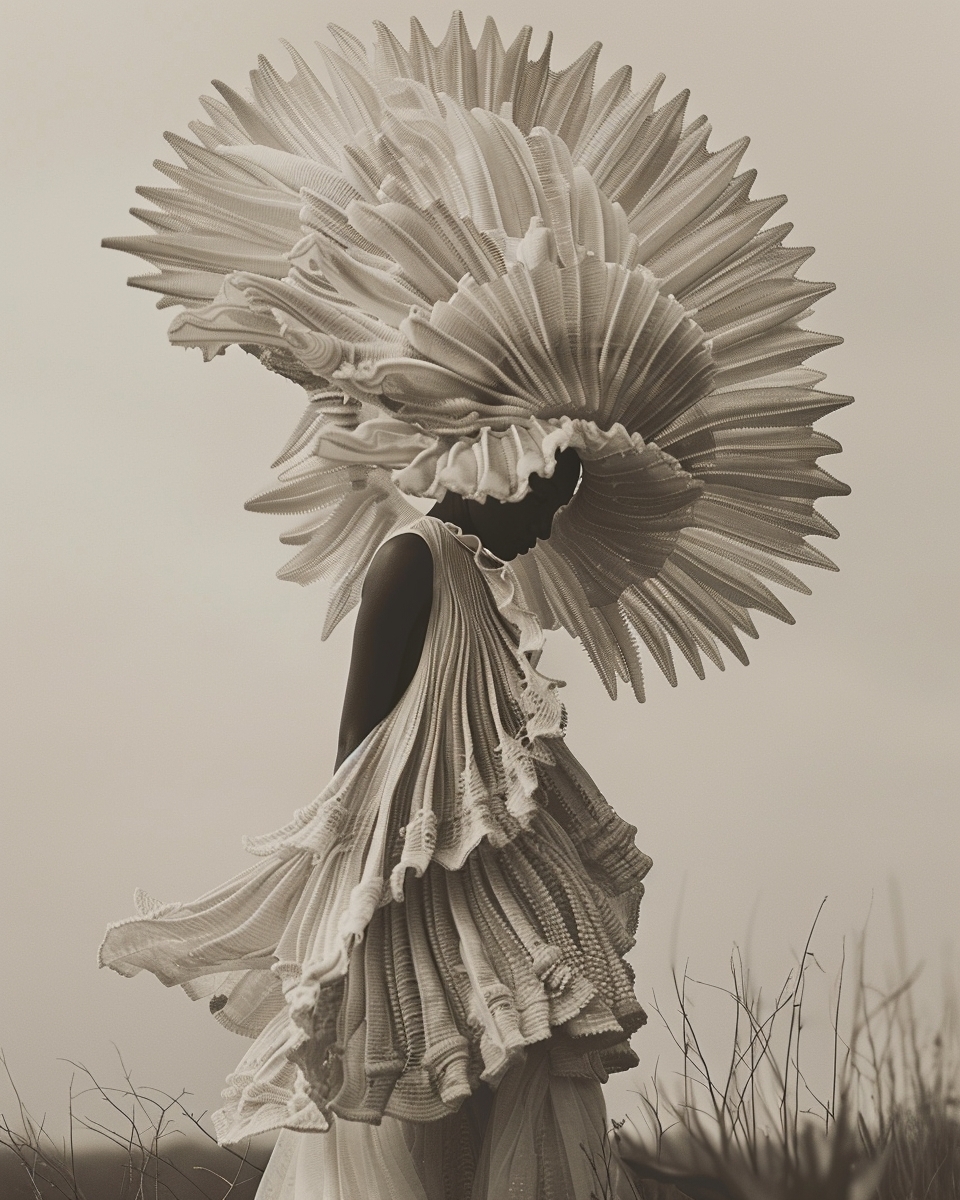 Fashionable woman in couture posing outdoors wearing white layered dress and large pleated headpiece in a monochromatic outdoor setting.