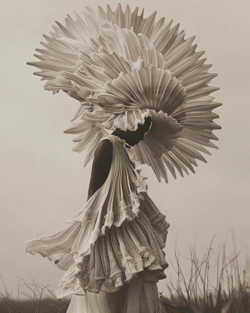 Fashionable woman in couture posing outdoors wearing white layered dress and large pleated headpiece in a monochromatic outdoor setting.