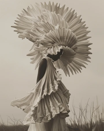 Fashionable woman in couture posing outdoors wearing white layered dress and large pleated headpiece in a monochromatic outdoor setting.