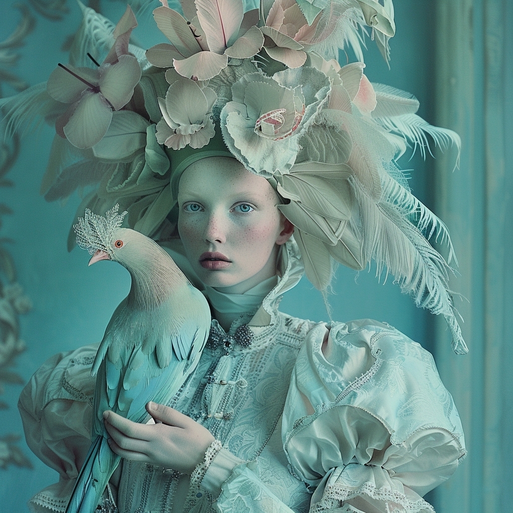 An elegant young woman with pale skin and blue eyes, wearing a large floral and feather headdress, poses with a white pigeon.