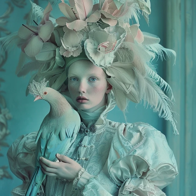 An elegant young woman with pale skin and blue eyes, wearing a large floral and feather headdress, poses with a white pigeon.