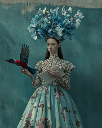 Fairytale portrait of a young woman with elaborate flower headpiece and bird. Moody indoor scene with blue tones and artistic styling.