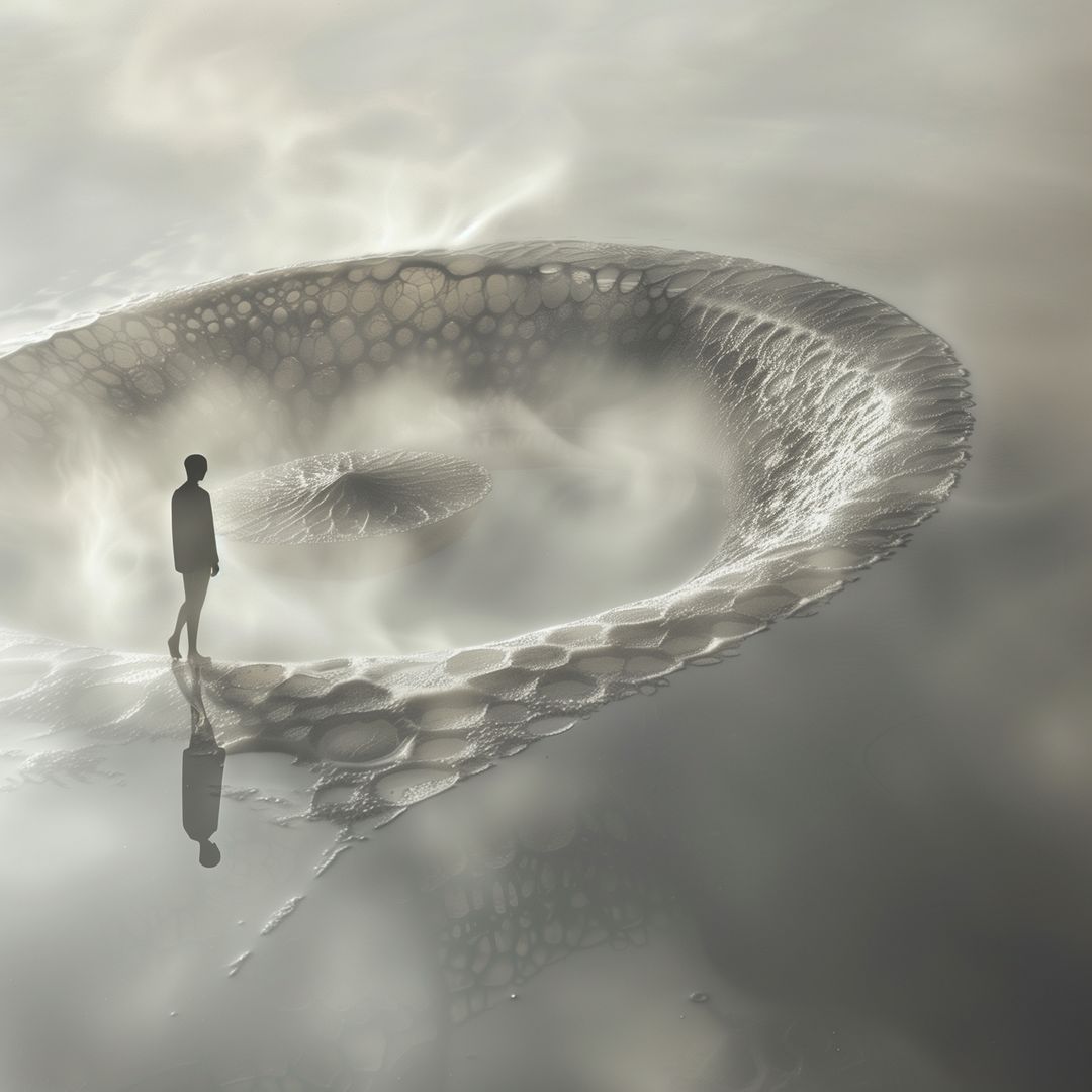 Abstract digital artwork featuring a lone figure standing on a circular platform amidst a surreal, misty landscape with reflective surface.