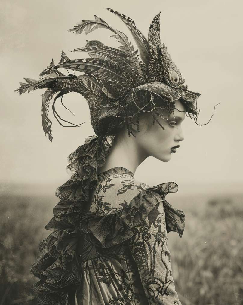 Monochrome portrait of a woman in elaborate feathered headwear, ruffled dress, and dark lipstick posing outdoors in a field.