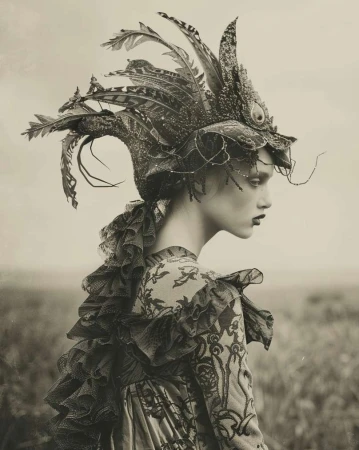 Monochrome portrait of a woman in elaborate feathered headwear, ruffled dress, and dark lipstick posing outdoors in a field.