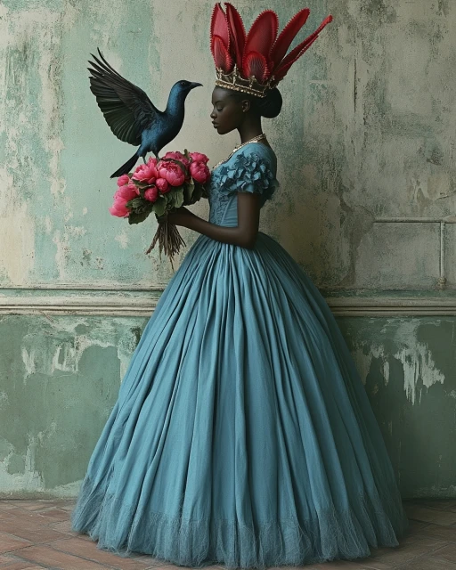 Elegant woman in blue gown holds peonies with raven perched on hand, against a distressed green wall with red-feathered crown.