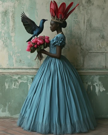 Elegant woman in blue gown holds peonies with raven perched on hand, against a distressed green wall with red-feathered crown.