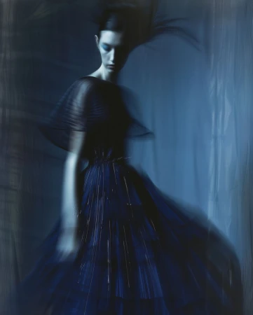 An adult female fashion model poses in a dark blue dress with flowing layers in a photo studio with artistic blur and low-key lighting.