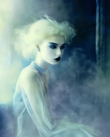 Dramatic portrait of a woman with platinum blonde hair and dark makeup, sitting in a smokey atmospheric setting with cool-toned color grading.