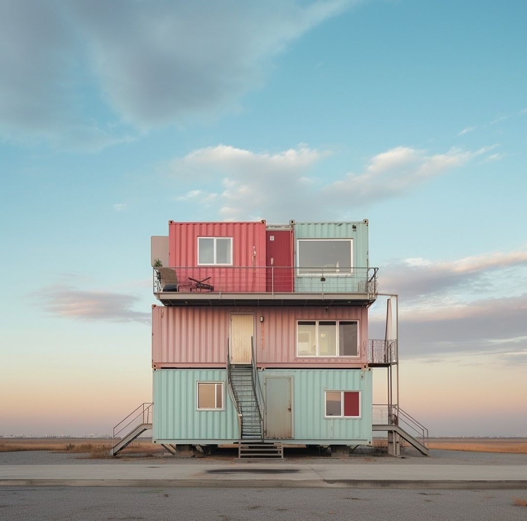 Three-story modular home constructed from stacked and repurposed shipping containers, featuring pastel colors under a blue sky.
