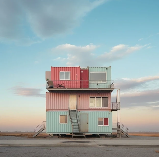 Three-story modular home constructed from stacked and repurposed shipping containers, featuring pastel colors under a blue sky.