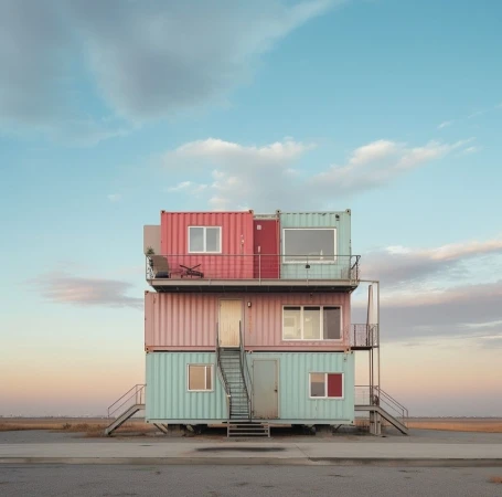 Three-story modular home constructed from stacked and repurposed shipping containers, featuring pastel colors under a blue sky.