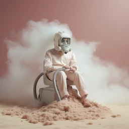Person wearing a white hazmat suit and gas mask seated on a chair surrounded by smoke and fluffy pink material