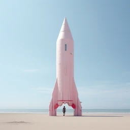 A person standing beneath a large pastel pink rocket ship planted upright on a sandy beach by the ocean under a clear blue sky.