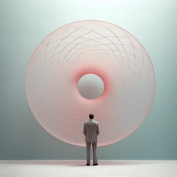 Man in grey suit standing before a large circular red wireframe sculpture against a grey wall.