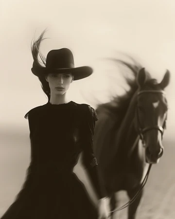 Woman wearing a dark cowboy hat and black dress standing outdoors with a horse