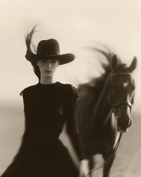 Woman wearing a dark cowboy hat and black dress standing outdoors with a horse