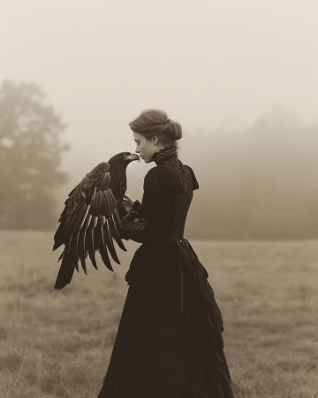 Woman in historical black dress holding an eagle outdoors in a misty field