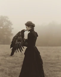 Woman in historical black dress holding an eagle outdoors in a misty field