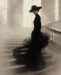 Woman in black gown and wide-brim hat descending grand staircase in fog, photographed by Ann Cutting