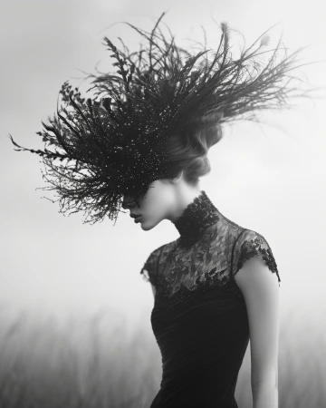 Monochrome portrait of a woman wearing an elaborate feather headpiece and a black lace dress against an outdoor field background