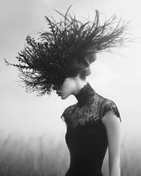 Monochrome portrait of a woman wearing an elaborate feather headpiece and a black lace dress against an outdoor field background