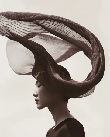 Profile portrait of a woman with her eyes closed, wearing a swirling, draped brown fabric headdress captured by Ann Cutting.