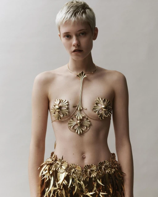 A young woman with short hair poses in an indoor studio, wearing ornate gold body jewelry and a feathered skirt against a neutral backdrop.