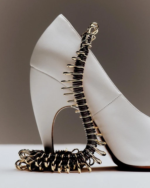 Elegant white high heel pump adorned with a gold and black coil jewelry piece, set against a neutral background in a studio setting.