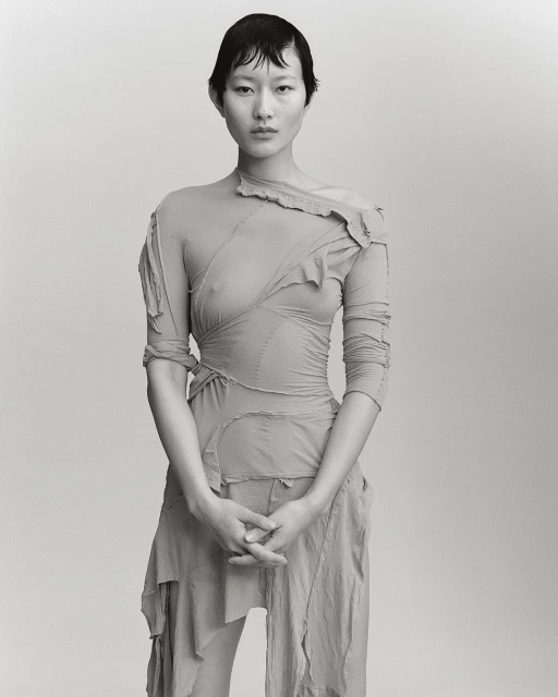 Monochromatic studio portrait of a slender Asian woman with short dark hair, wearing a pale draped dress with one long sleeve and her hands folded.